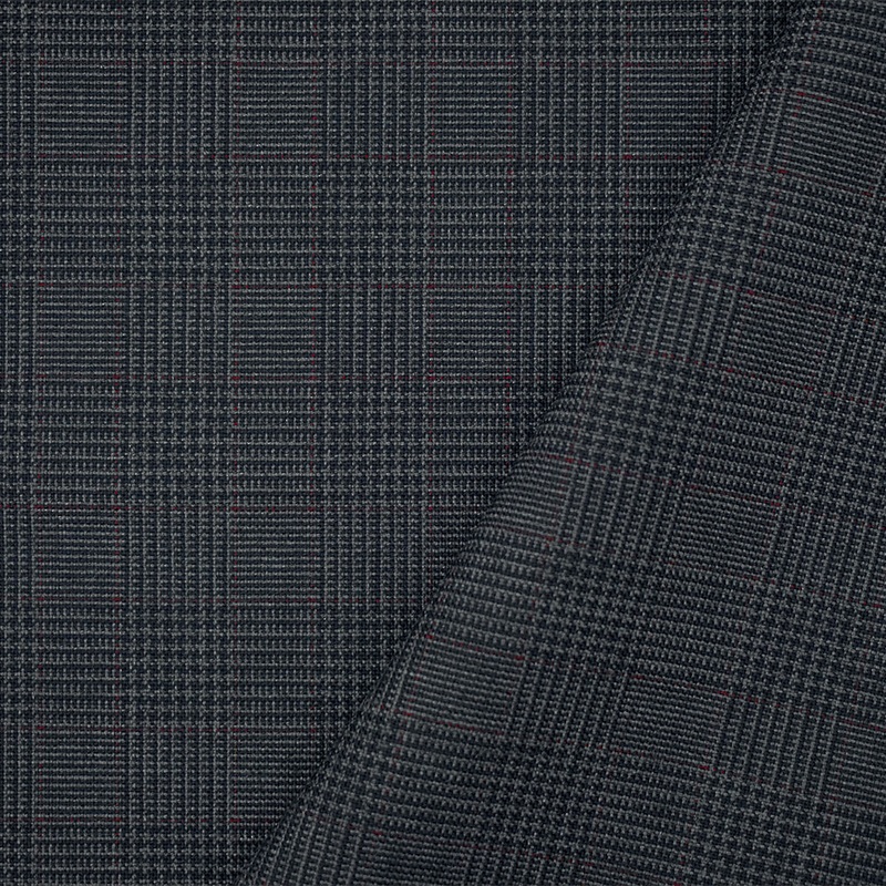 Black-Gray-Maroon Red Poly Wool Glen Plaid Shirting Fabric