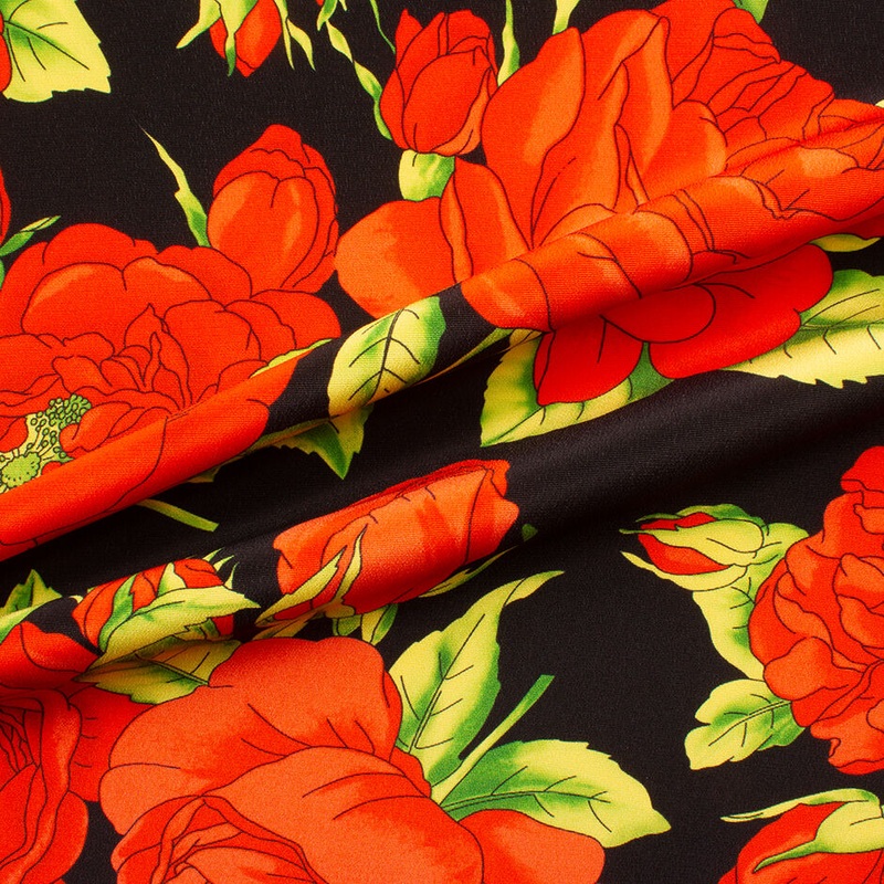 Bold Red Floral Printed Black Silk Crpe