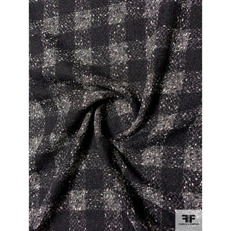 Italian Loosely Woven Buffalo Plaid Virgin Wool Blend Suiting - Black / Ivory