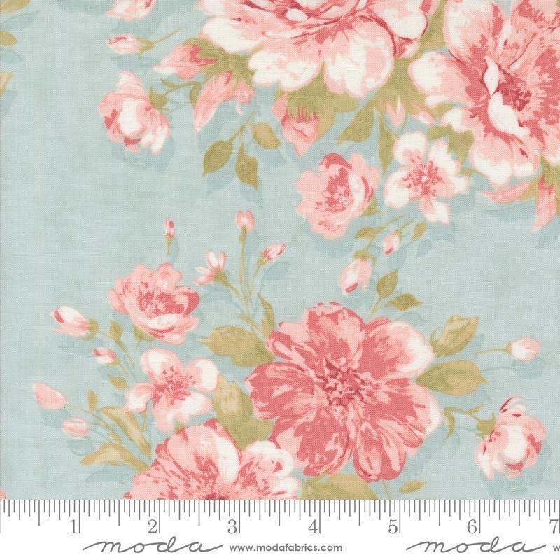 SALE Muse Rose 44390 Sky - Moda Fabrics - Floral Flowers Blossoms Leaves Leaf - Quilting Cotton Fabric