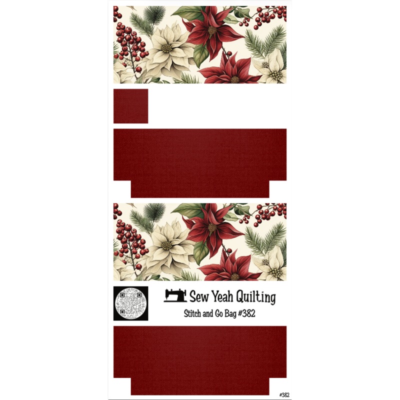 Stitch & Go Bag #382 - Christmas Poinsettias Red & Cream, Berries & Pine on Dark Red