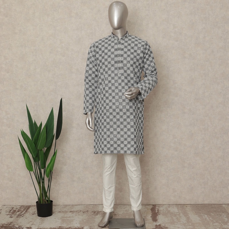Black White Monochrome Blended Cotton Men's Kurta Pajama Checkered Traditional Ethnic Wear Indian Handcrafted Premium Wedding Festival Attire - D29282