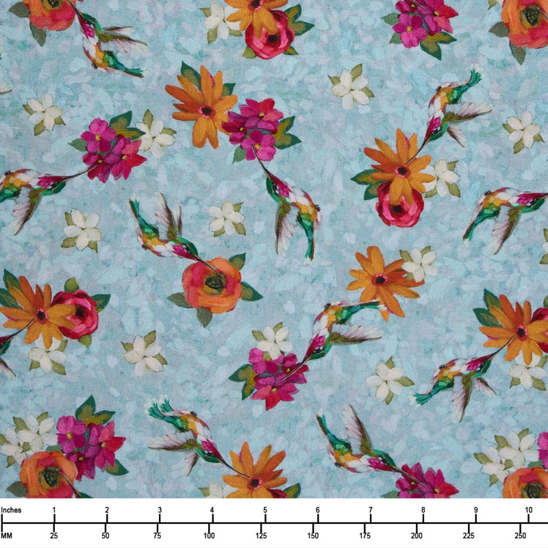 QT Fabrics Fluttering Petals Hummingbirds and Floral French Blue 2600 31552 B - By The Yard