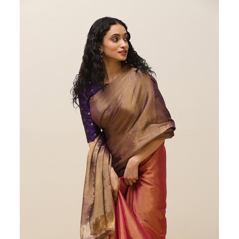 Purple And Gold Handloom Pure Tissue 3 Color Chanderi Saree