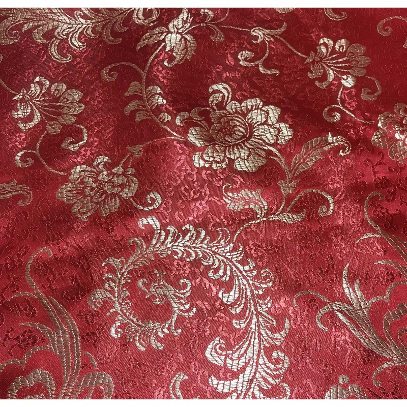 Red & Gold Feather Floral - Faux Silk Brocade Fabric