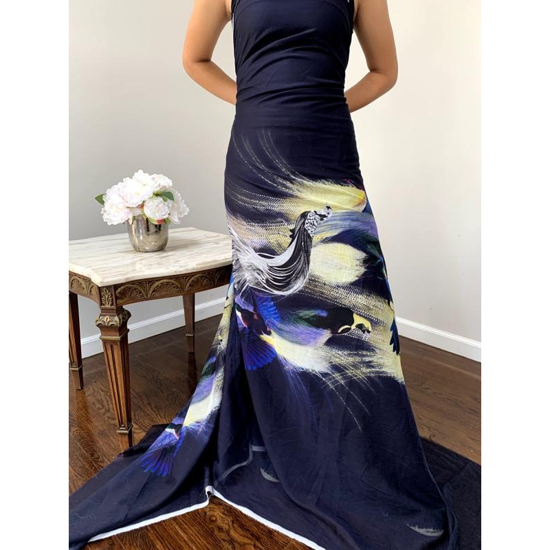 Birds in Rio Printed Paneled Cotton Voile - Navy / Yellow / Royal