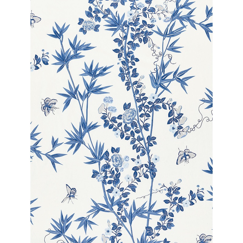 Scalamandre Jardin de Chine Print Porcelain Blue White Cotton Bird Animal Botanical Foliage Chinoiserie Floral Bamboo Butterfly MSRP USD 388/y