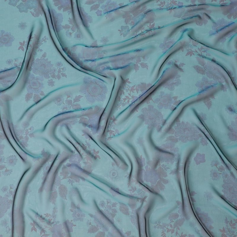 Serene Aqua Silk Chiffon Fabric with Lavender Floral Prints, 110cm Width Ideal for Spring and Summer Apparel-D20101