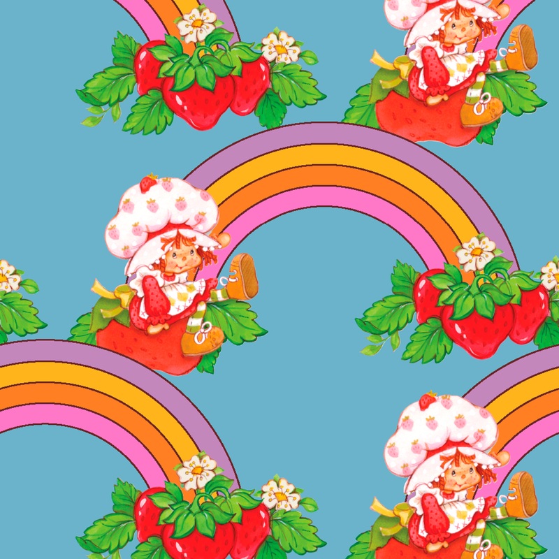 Strawberry Shortcake Rainbow Toss on Blue Fabric