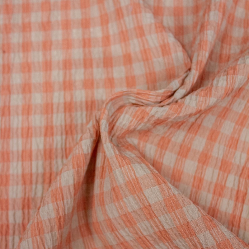 Toon Coral Pink & Beige Check Cotton Seersucker Fabric