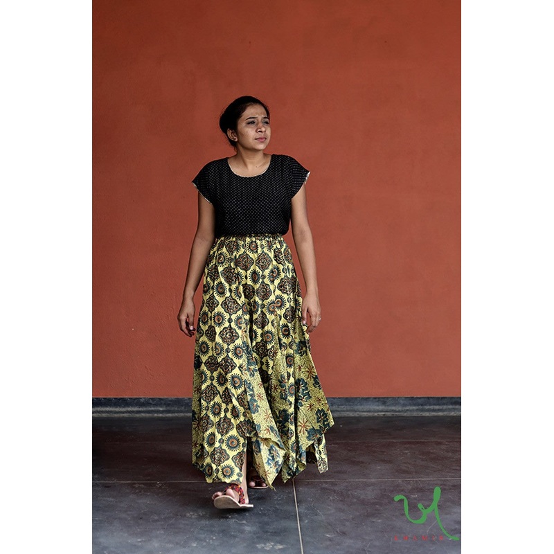 Yellow & Maroon Ajrakh Hand Block Print Full Panel Skirt