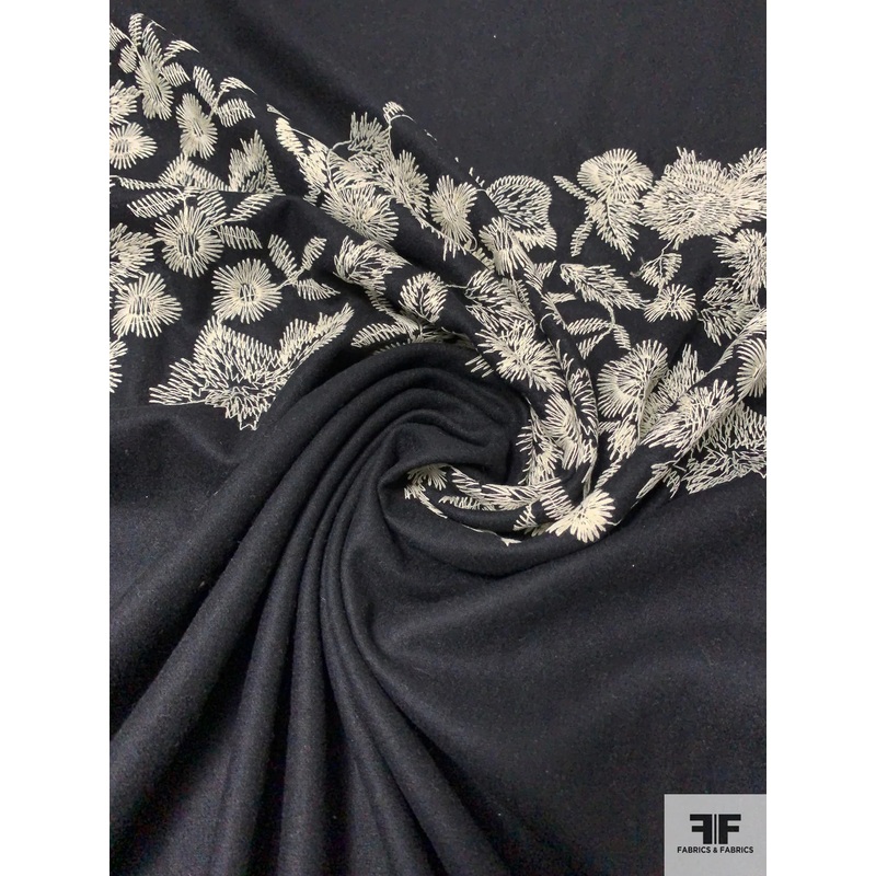 Italian Floral Embroidered Wool Flannel Panel - Black / Ivory
