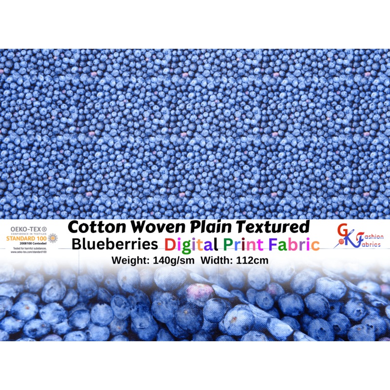 Quilted Cotton Woven Plain Textured Blueberries Digital Print Fabric - D#12