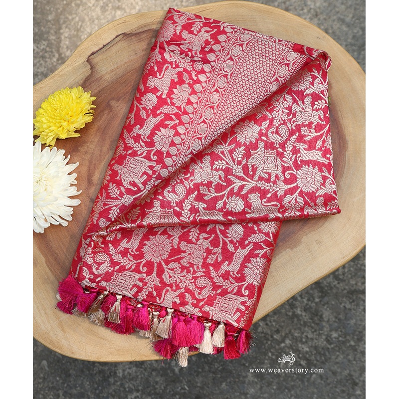 Rani Pink Handloom Pure Katan Silk Kimkhab Shikargah Banarasi Dupatta