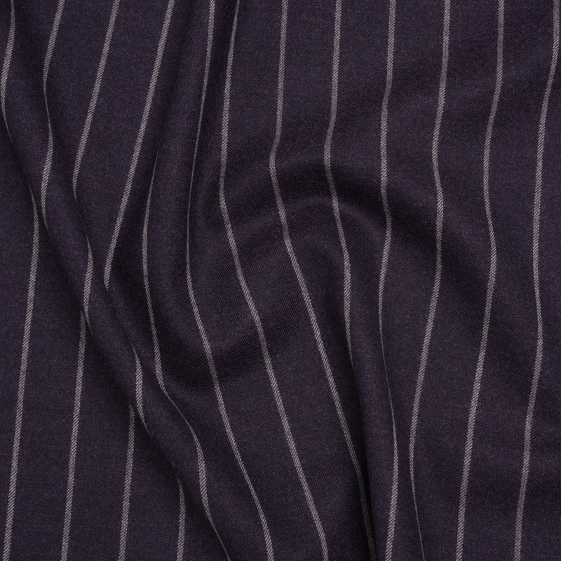 Stretch Virgin Wool Twill Suiting Made in Italy - Plum Purple and White Chalk Stripes