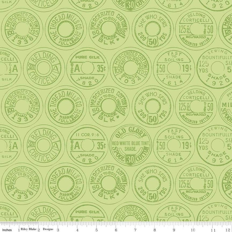 27" End of Bolt - SALE Best of She Who Sews Low Volume Spool Tops C11338 Green - Riley Blake - Sewing Vintage Thread Labels -Quilting Cotton