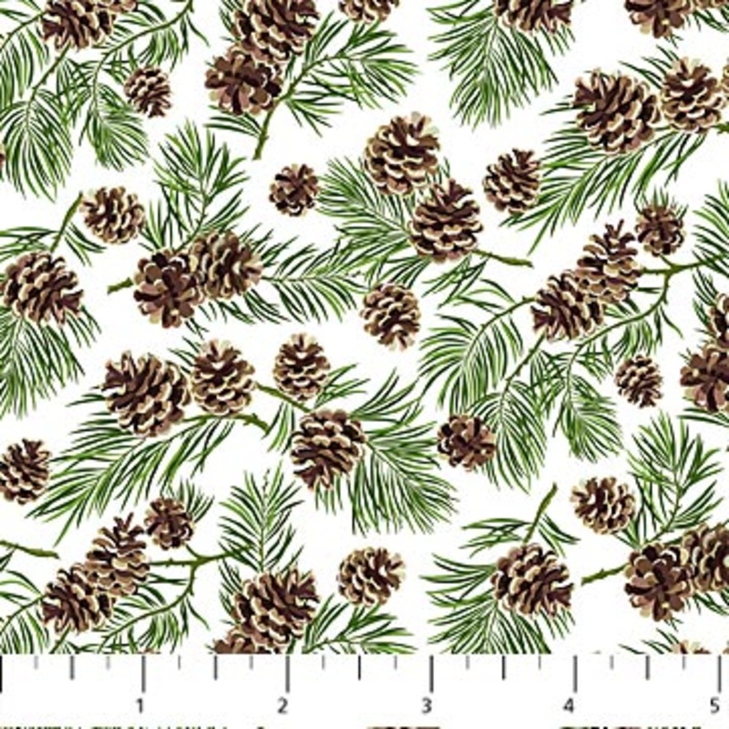 Beary Merry Christmas Pine Cones White Multi Deborah Edwards Northcott Cotton Fabric NC-27062-10