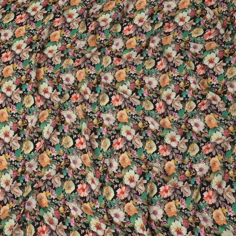 Classic Midnight Black Floral Printed Pure Silk Crepe Fabric Lightweight Elegant Dress Material 110cm Width Premium Quality Soft Finish Indian Origin - 1328355