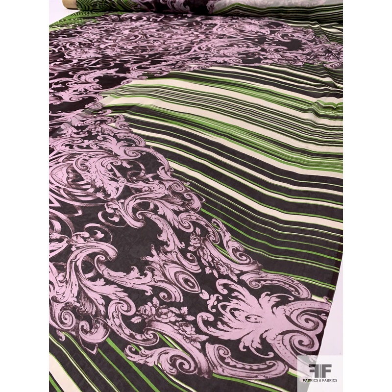 Striped and Ornate Regal Printed Silk Chiffon - Kelly Green / Eggplant / Dusty Light Pink