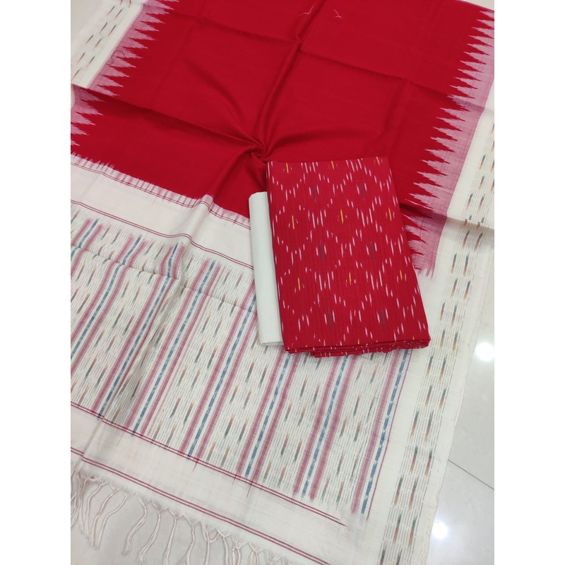 Red - 3PC HANDLOOM POCHAMPALLY DOUBLE IKAT DUPATTA COTTON DRESS MATERIAL 33