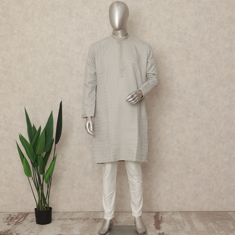 Smoky Grey Blended Banarasi Blended Silk Men's Kurta Pajama Self Woven Diamond Traditional Ethnic Wear Indian Handcrafted Premium Wedding Festival Attire - D29284