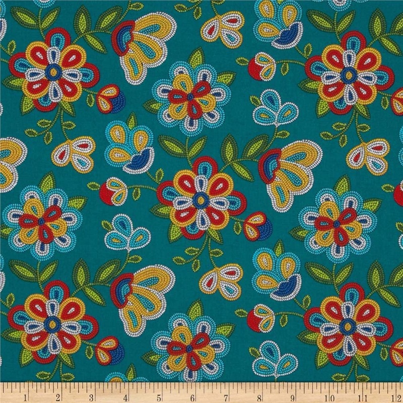 Tucson Beaded Flower Turquoise Elizabeth's Studio Cotton Fabric ES-449 Turq