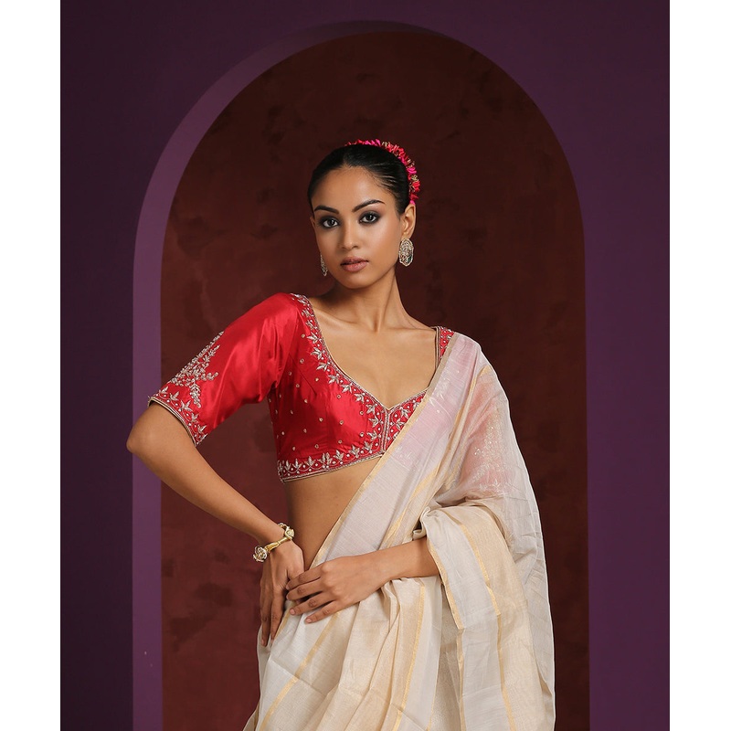 Red Rounded Cut Pure Silk Blouse With Hand Embroidered Zardozi Detailing