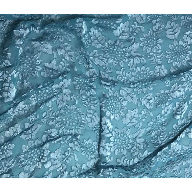 Teal Blue Sunflowers Floral - Hand Dyed Burnout Devore Silk Satin