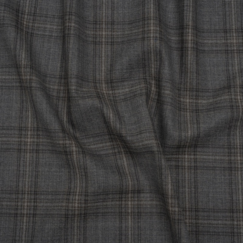 Wool Suiting Made in Italy - Gray, Charcoal and Brown Plaid - Deadstock