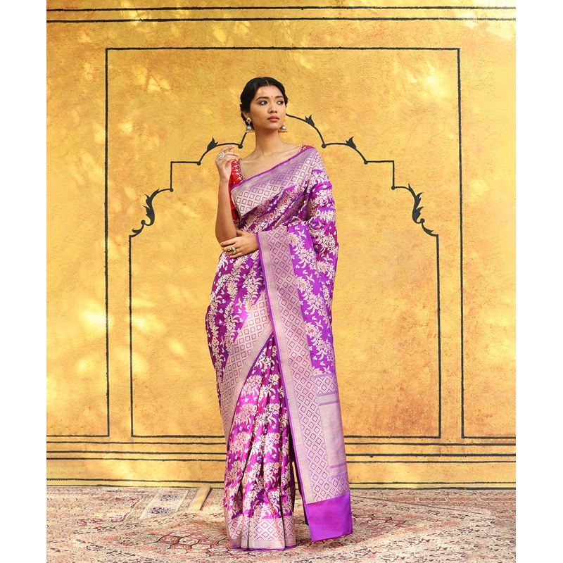 Purple Handloom Pure Katan Silk Banarasi Saree With Meenakari