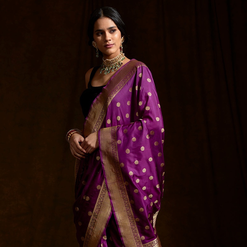 Purple Handwoven katan silk saree with asharfi booti