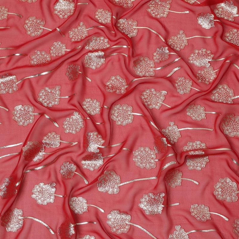Coral red floral metallic motif silk chiffon with lurex detailing fabric, 110 Cms, South Korea-D23816