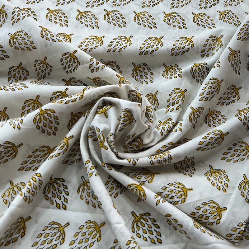 White Yellow Motif Hand Block Cotton Printed