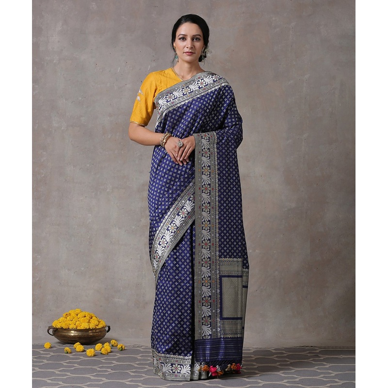 Blue Handloom Pure Katan Silk Sona Rupa Zari Booti Banarasi Saree With Floral Border