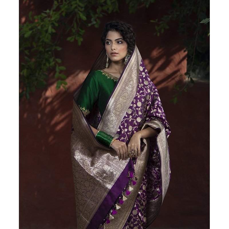 Purple Handloom Katan Silk Cutwork Banarasi Saree with Jangla Design