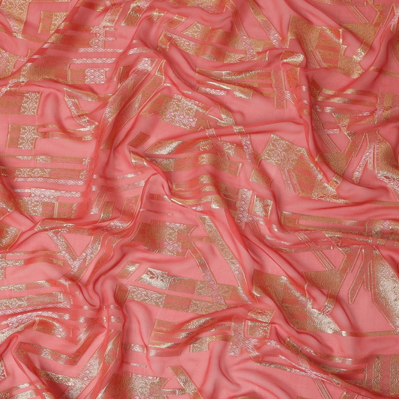 Coral Red Gold Abstract Geometric Metallic Lurex Silk Chiffon Fabric 110 Cms Wide, Made in South Korea-D27525
