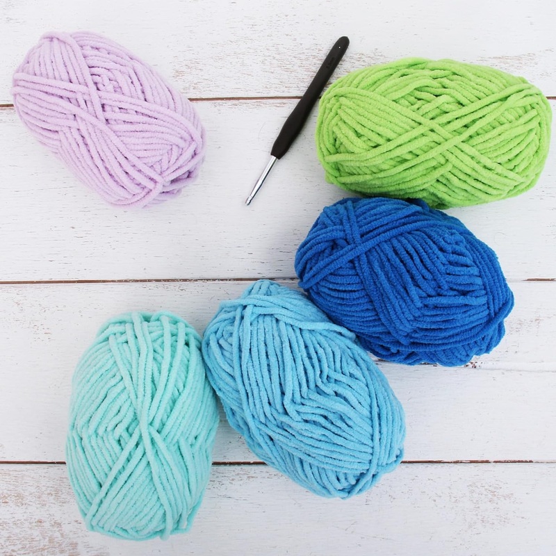 Super Soft Chenille Yarn Set - Ocean - Pack of 5 Skeins - #5-50 Gram Skeins - 60 yds Each