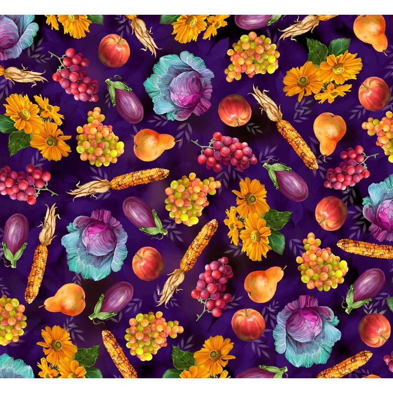 SALE Cornucopia Harvest Harvest Fruits & Floral 31026 Purple V - - QT Fabrics - Flowers Floral Corn Grapes - Quilting Cotton Fabric