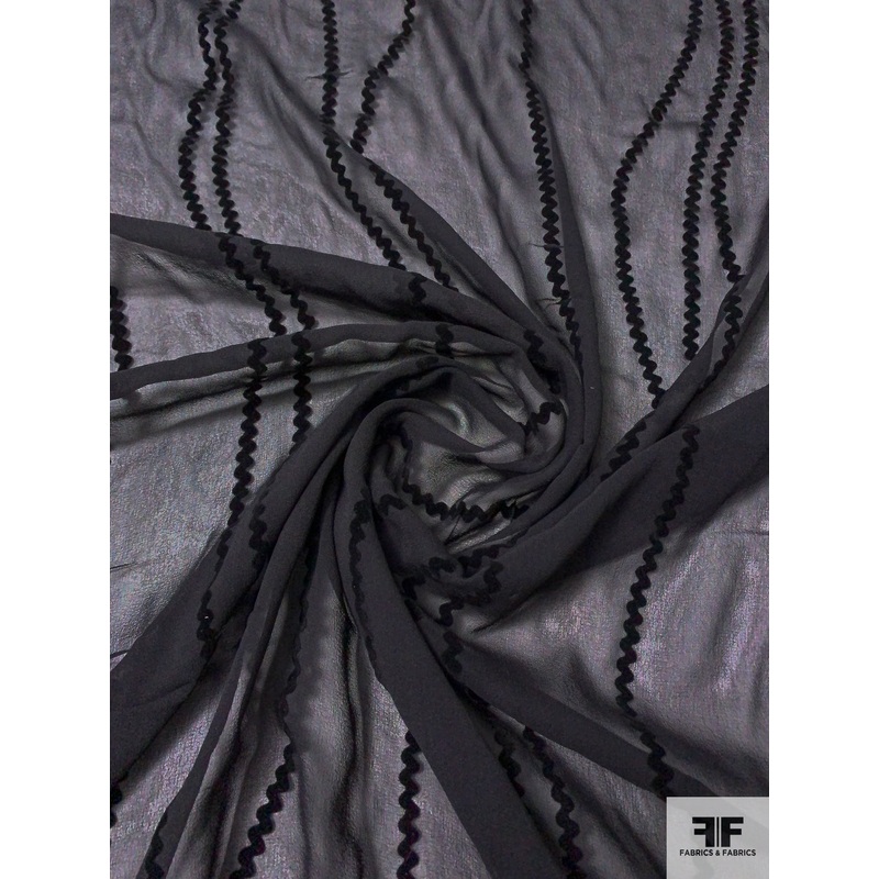 Wavy Lines Flocked Silk Chiffon - Black