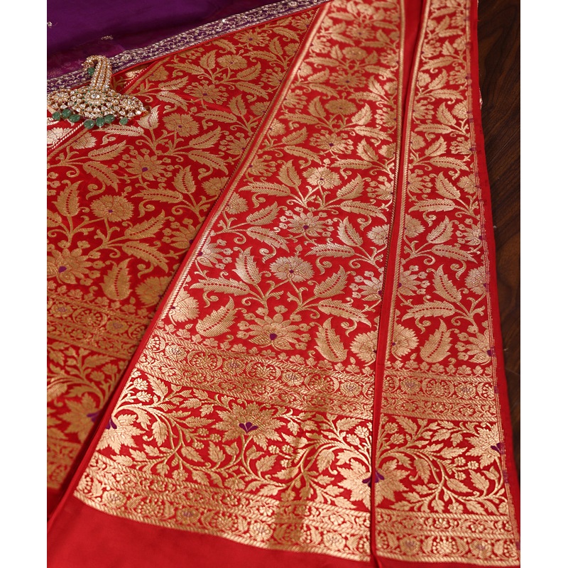 Red Handloom Pure Katan Silk Brocade Banarasi Lehenga With Meenakari
