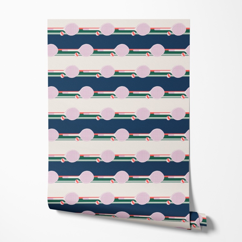 Retro Tennis Racquet Stripe in Navy Wallpaper