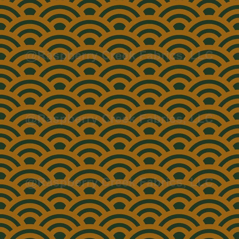 Seigaiha, Waves, Traditional Japanese Pattern, Orange Gold and Dark Green