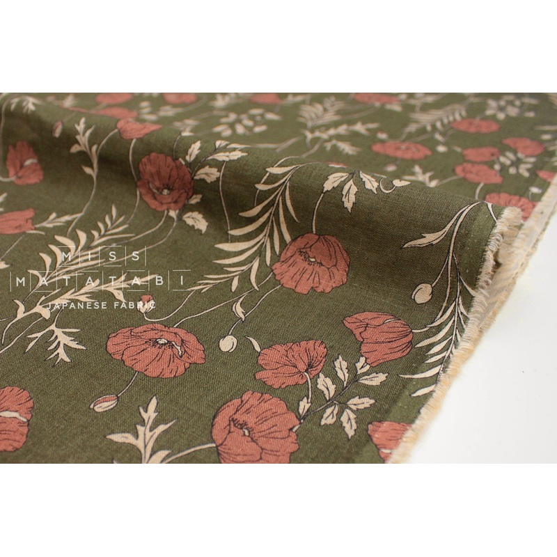 100% linen Poppies II - khaki, pink clay