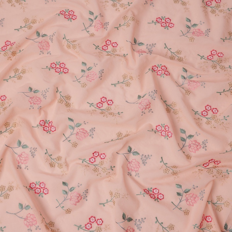 Peach Cotton Voile Multicolor Floral Embroidery Fabric, Width 110 Cms, India-D25310