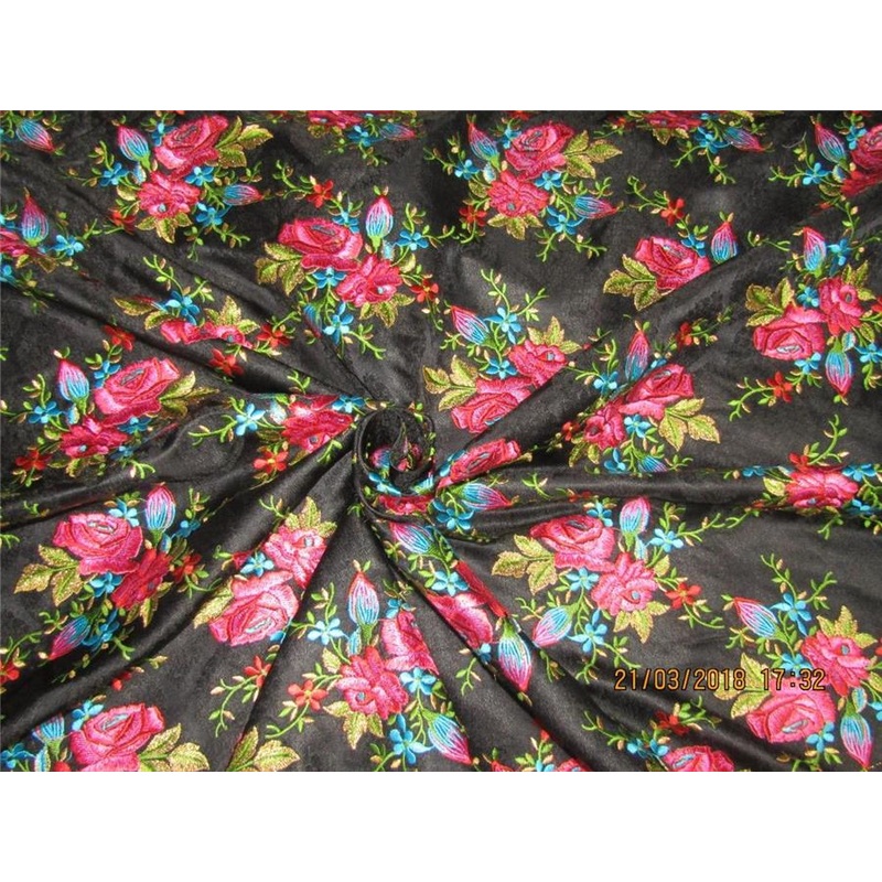 Silk Brocade fabric Black color with embroidery 44"