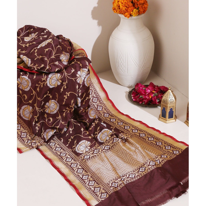 Wine Handloom Banarasi Katan Silk Dupatta Sona Rupa Floral Jaal