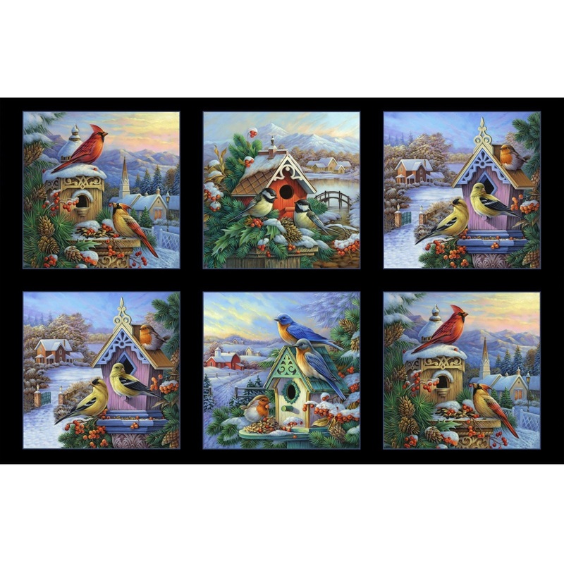 Winter Song Birds Block Panel 24" Black Oleg Gavrilov Elizabeth's Studio Cotton Fabric ES-9409-Black