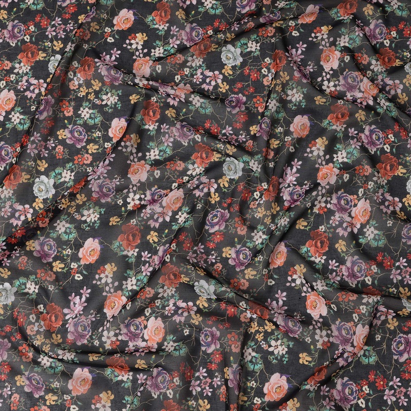 Black Multicolor Floral Traditional Sudanese Thobe in Pure Cotton Voile Fabric, 4.5 Meters Length, Width 140 cm Made in India-D23139