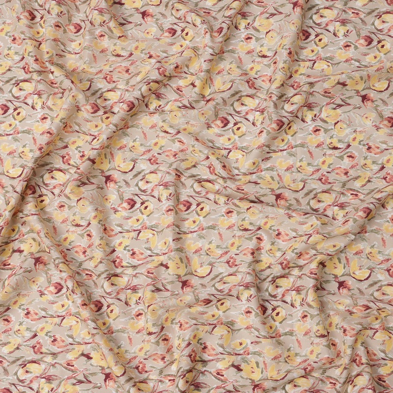 Beige Base Watercolor Floral Printed Cotton Lawn Fabric with Yellow, Maroon, and Olive Brushstroke Blooms, 110 Cms Width, Made in Japan-D22532