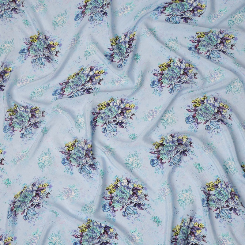 Sky Blue Multicolor Floral Bouquet Printed Pure Silk Crepe Fabric Soft Draping Lightweight Dress Material 110 Cms Width India Origin-D28818